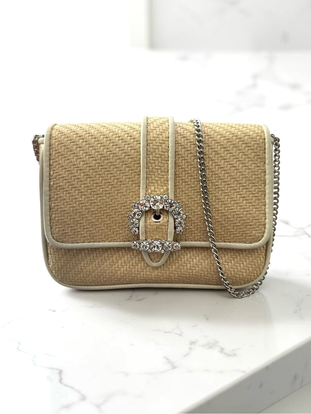 Jimmy Choo Madeline Woven Raffia & Leather Shoulder Bag with Crystal Buckle